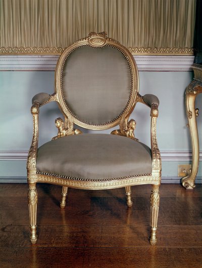 Poltrona intagliata con modanatura a guilloche; design di Adams per una sedia per la camera da letto a Osterley, 1777 da English School